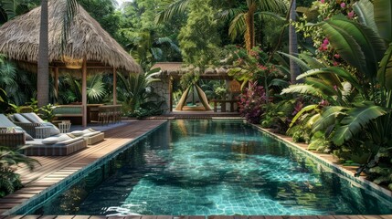 A lush, tropical pool with exotic plants and a thatched-roof cabana
