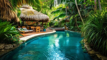 A lush, tropical pool with exotic plants and a thatched-roof cabana