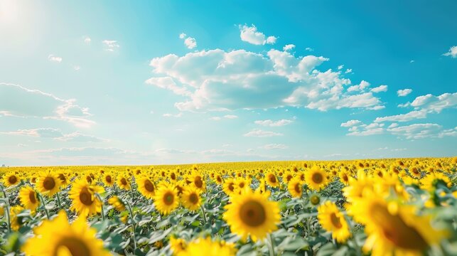 Scenic sunflower field with yellow blossoms under blue sky Harvest theme