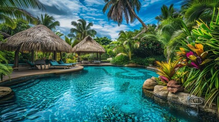 A lush, tropical pool with exotic plants and a thatched-roof cabana