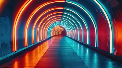 Abstract Neon Lights Tunnel with Blue, Turquoise, and Orange Stripes