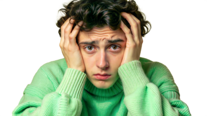 A person feeling anxious and showing signs of stress on a transparent background