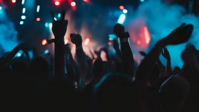 Live concert with bright stage lights and smoke, DJ performing in front of an enthusiastic crowd. Concept: music events, festivals and club culture	