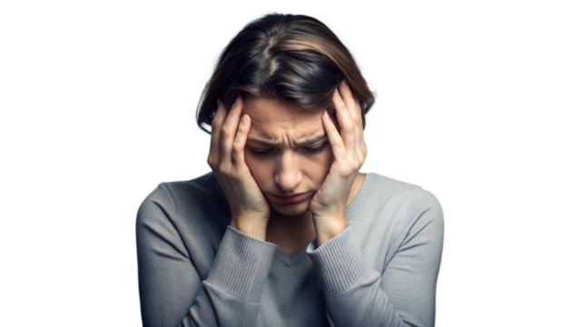 Person feeling anxious and stressed, showing signs of mental health struggles on a transparent background
