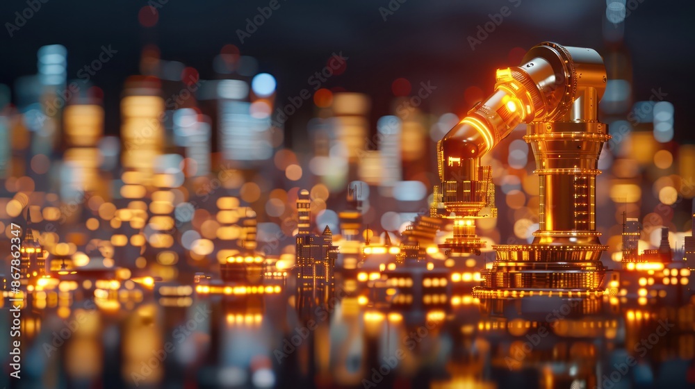 Poster a robot is standing in the middle of a city with a glowing yellow light. the robot is surrounded by 