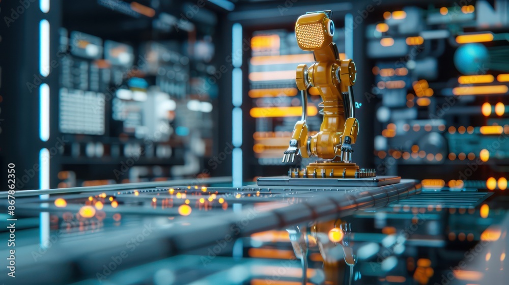 Poster A robot is standing on a table in a room with many computer monitors. The robot is yellow and has a metallic appearance. The room is filled with technology and the robot seems to be a part of it