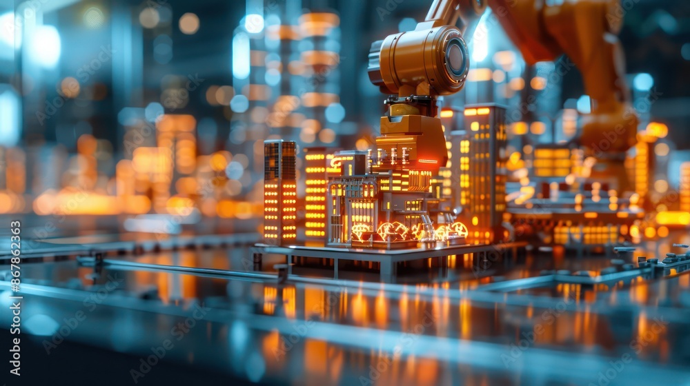Poster A robot is seen in a city with buildings and lights. The robot is orange and he is working on a project. The city is lit up with bright lights, giving the scene a futuristic and industrial feel