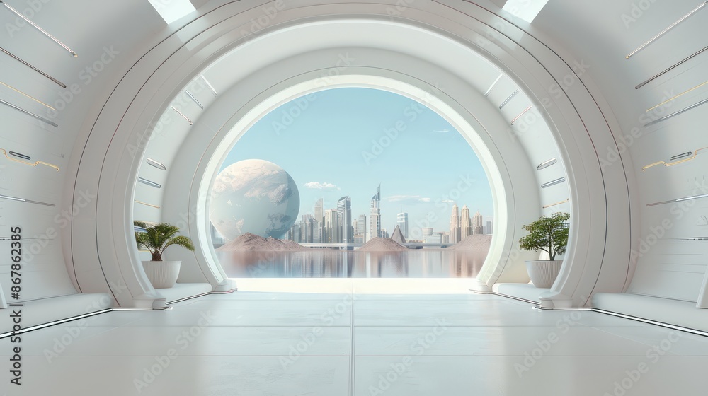 Poster a futuristic space station with a view of the planet earth and the moon. the space station is white 