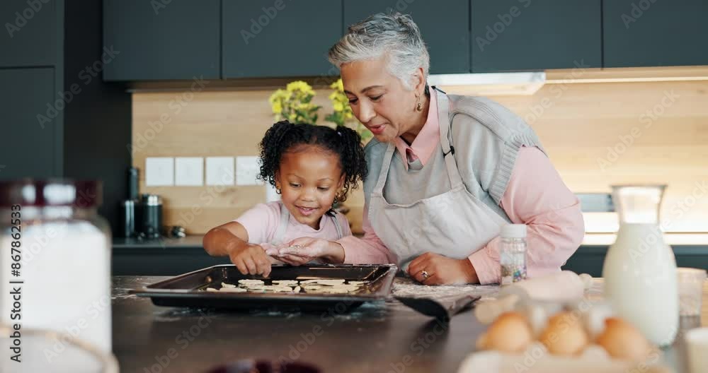 Poster Child, grandmother and baking or helping in house, bonding and teaching girl culinary skills with family kitchen. Happy, education and dough on table, cookies ingredients and development in apartment