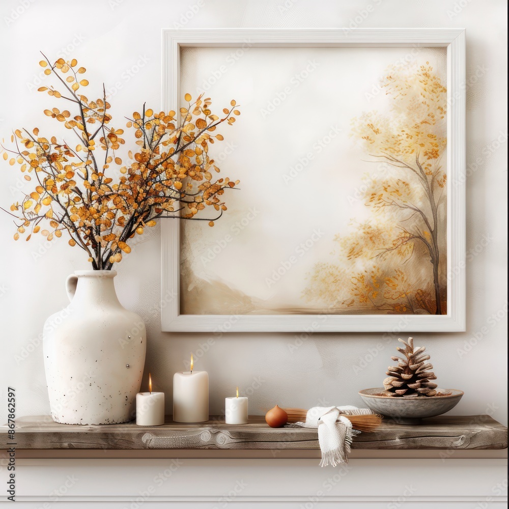 Poster a white frame with a painting of trees and a vase of flowers on a shelf. the painting has a warm, au