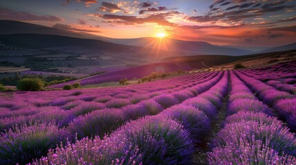 A stunning sunset casts warm rays over vibrant lavender fields, creating a picturesque scene with blooming rows and a colorful sky.