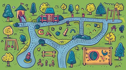 The colorful play mat is designed with a variety of fun and interactive features, including a road, a river, a bridge, a school, a house, a slide, and a swing set
