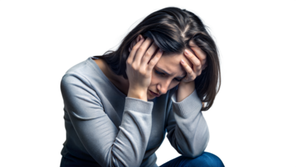 Depressed woman feeling sad and stressed holding her head with hands on transparent background