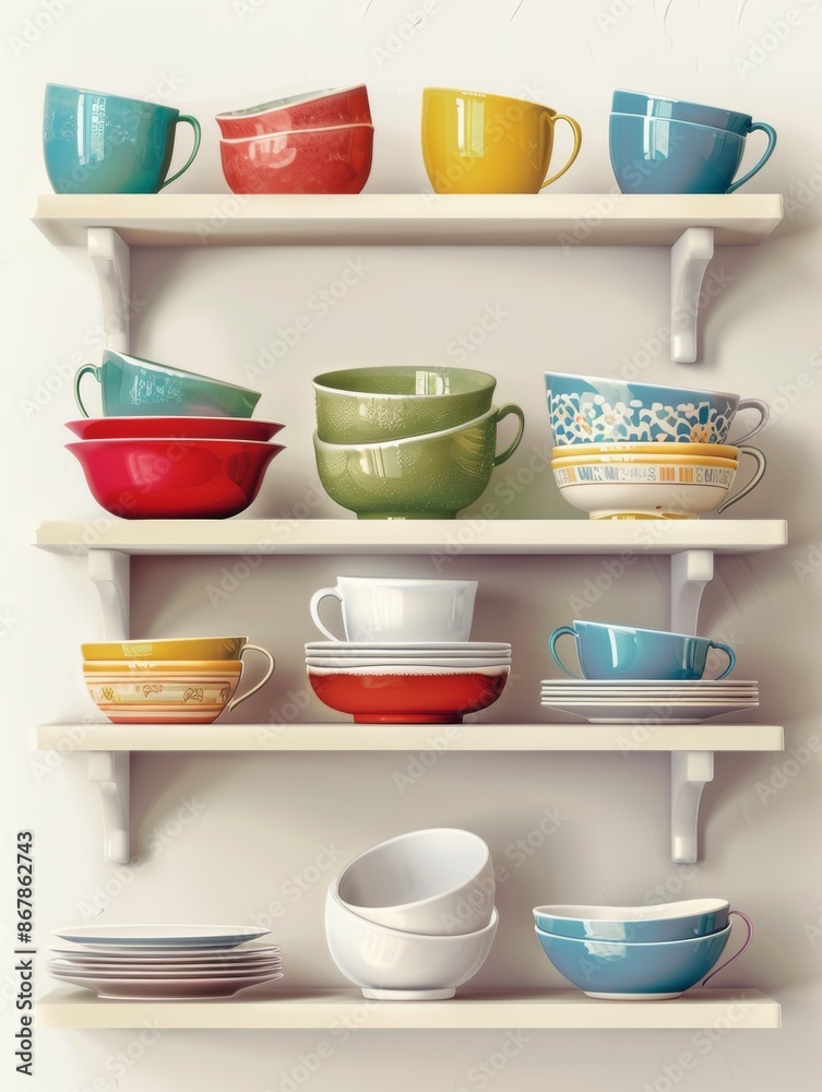 Aufkleber an image of a white kitchen shelf with various colorful ceramic bowls and mugs neatly arranged. gene