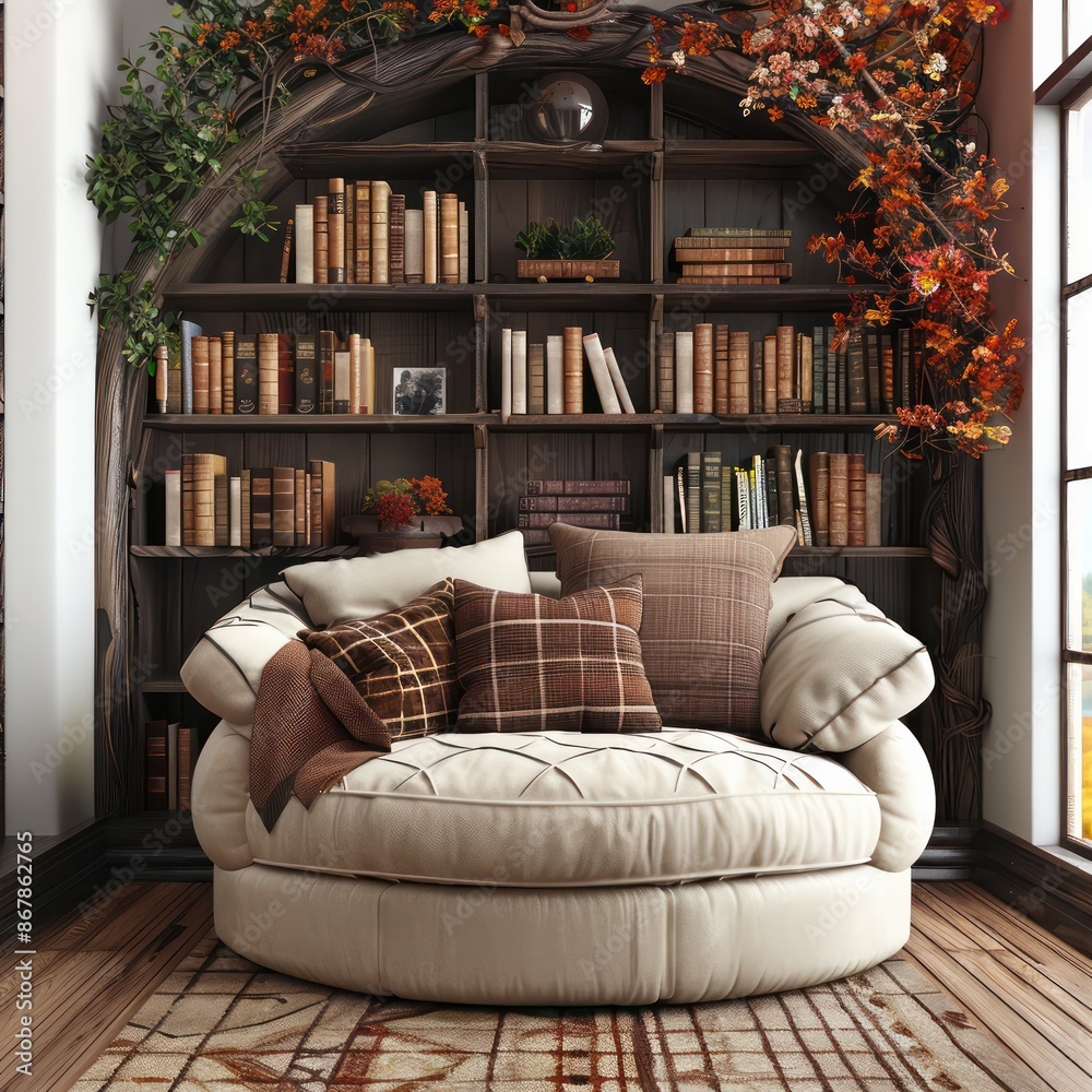 Poster a cozy reading nook with a white couch and a large bookcase filled with books. the couch is surround