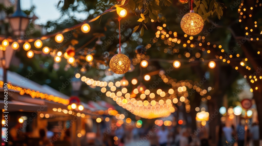 Poster a street with lights hanging from trees and people walking around. the lights create a warm and invi