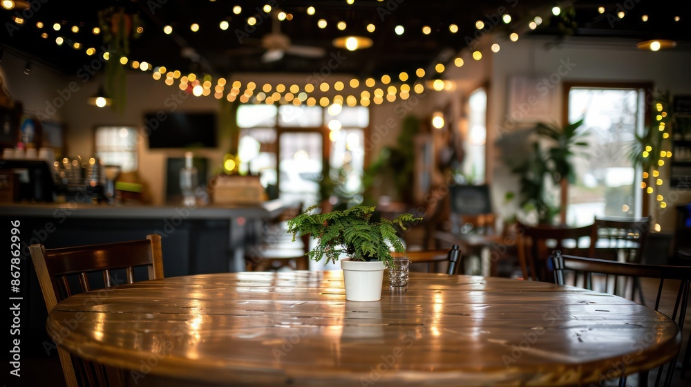 Poster a table with a potted plant and a vase of flowers on it. the table is surrounded by chairs and there