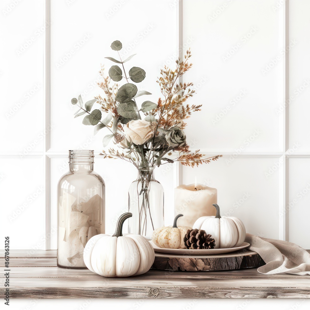 Poster a table with a vase of flowers, a candle, and some pumpkins. the table is decorated with a rustic wo