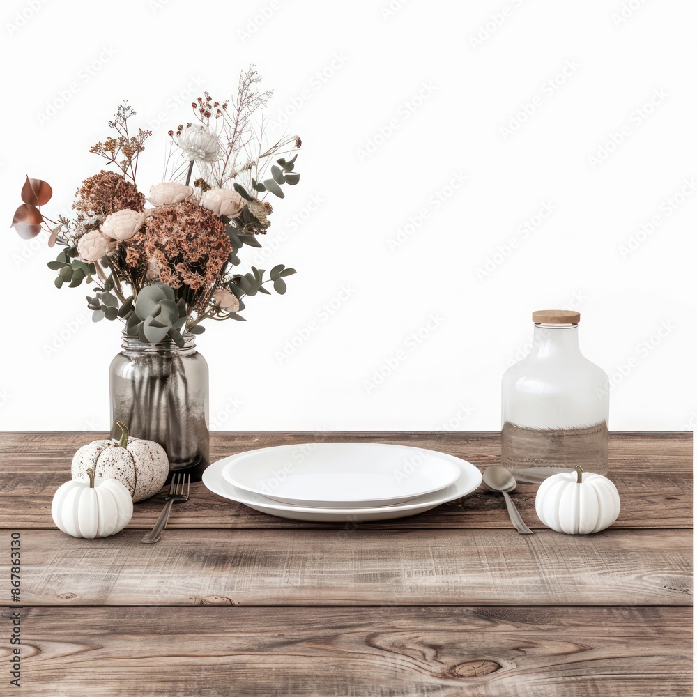 Poster a table with a white plate, a vase of flowers, and a pumpkin. the table setting is simple and elegan