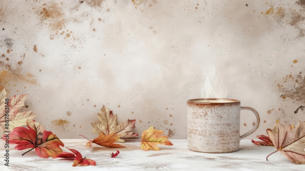 Poster a white coffee cup with steam rising from it sits on a table with a pile of autumn leaves. concept o