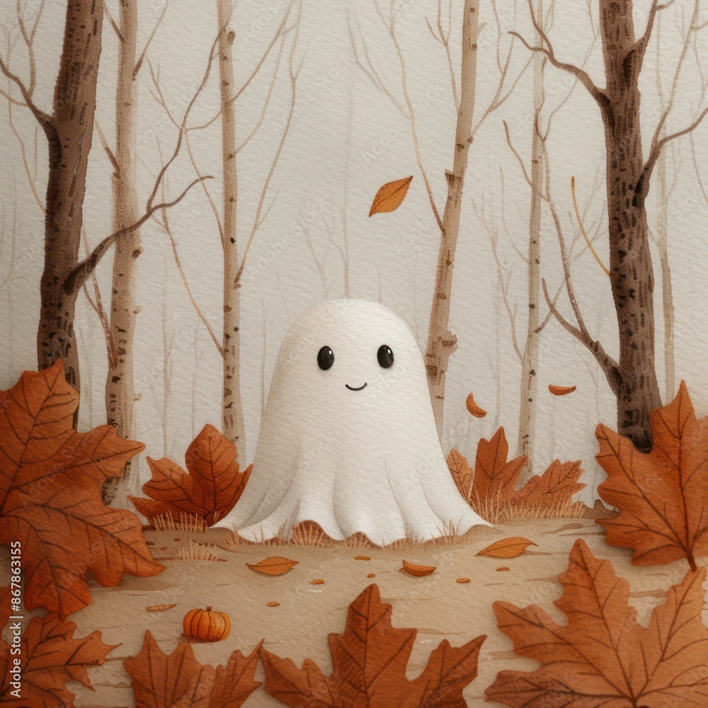 Aufkleber a white ghost is standing in a forest with orange leaves. the ghost has a happy expression on its fa