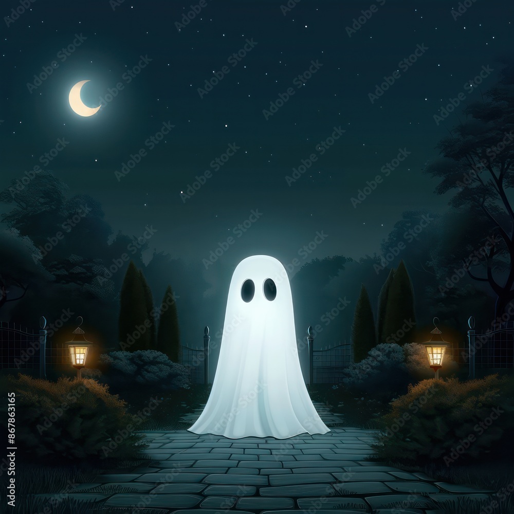 Poster a ghost stands in a dark forest at night. the ghost is white and has a creepy expression. the scene 