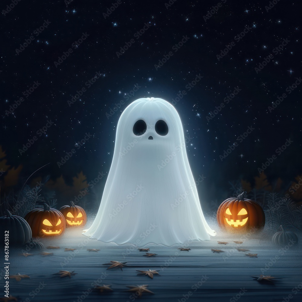Poster a ghost is standing in front of three pumpkins. the scene is set in a dark, eerie atmosphere, with t