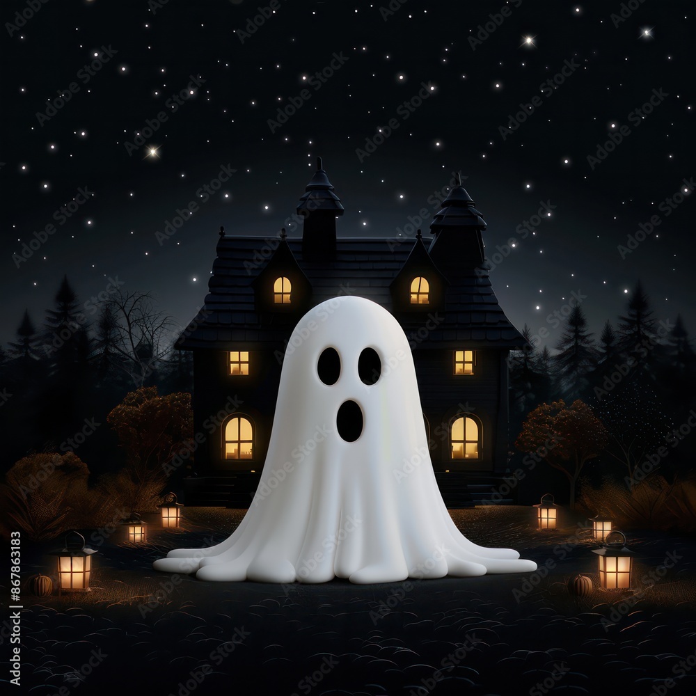 Poster A ghost is standing in front of a house with a creepy look on its face. The house is surrounded by trees and there are lanterns lit up in the background. Scene is spooky and eerie
