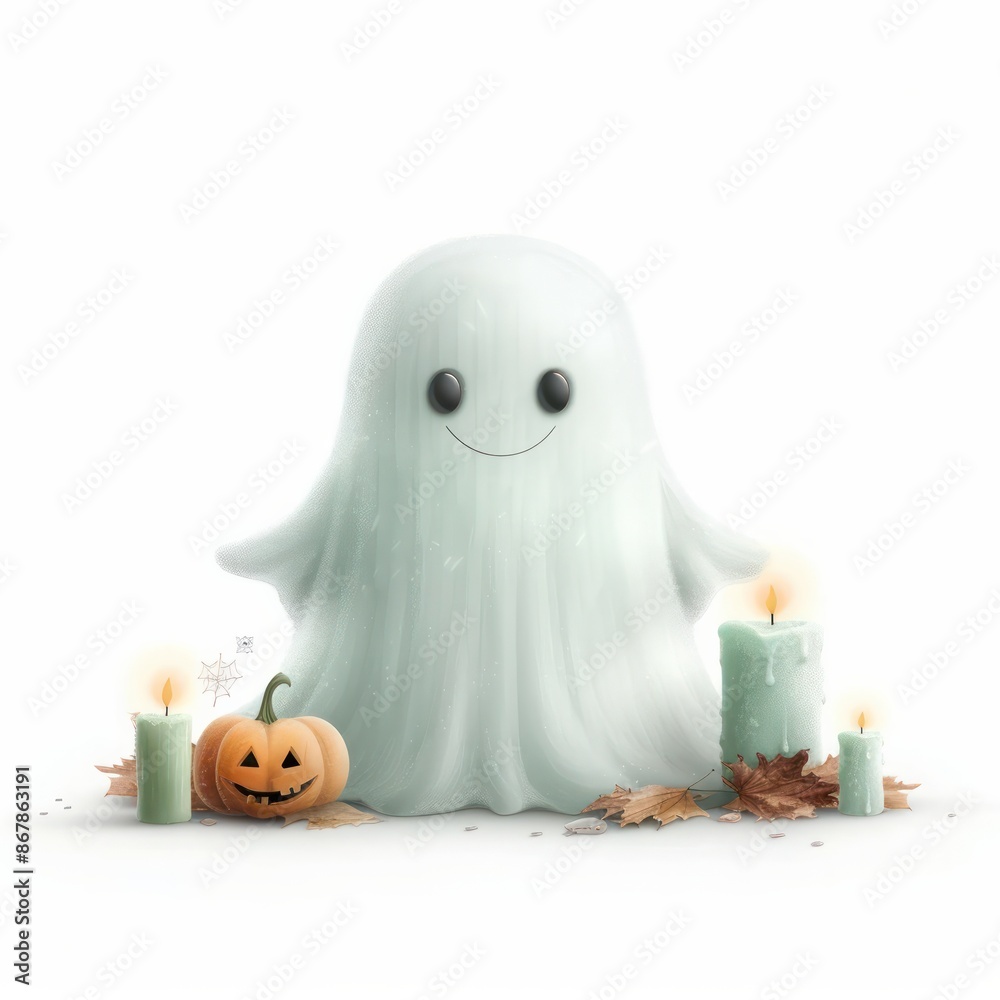 Poster A ghost is standing in front of a pumpkin and candles. The ghost is smiling and he is happy