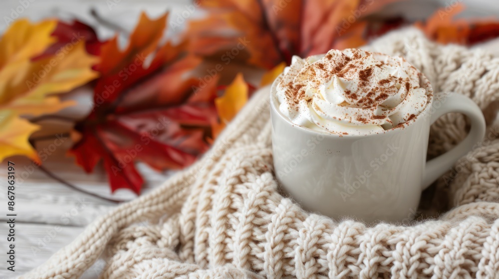 Poster a white mug with whipped cream on top sits on a blanket with autumn leaves. the scene conveys a cozy