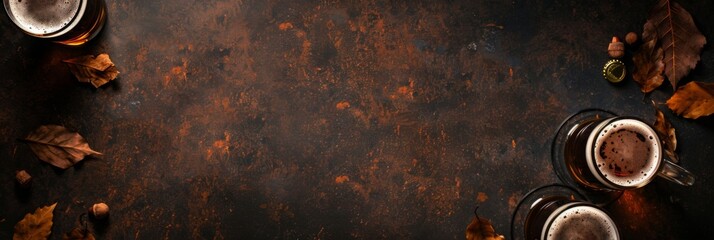 Horizontal banner. International Beer Day. Glasses of cold light beer on a dark table. Top view. Free space for text, copy space