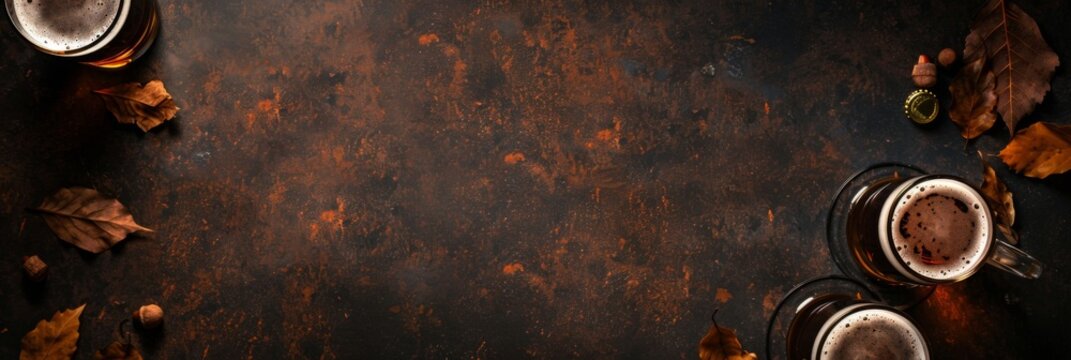 Horizontal banner. International Beer Day. Glasses of cold light beer on a dark table. Top view. Free space for text, copy space