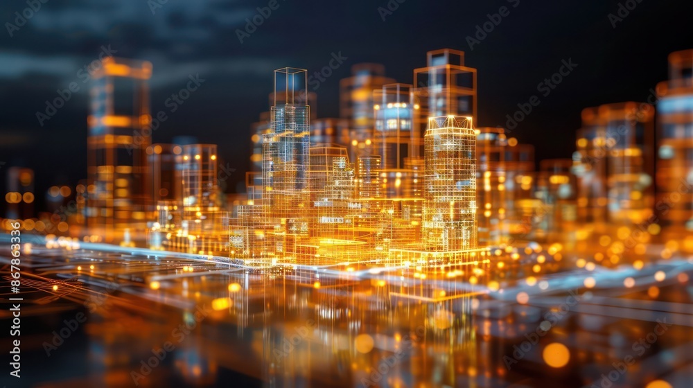 Poster a cityscape with tall buildings and a river running through it. the buildings are lit up in orange a