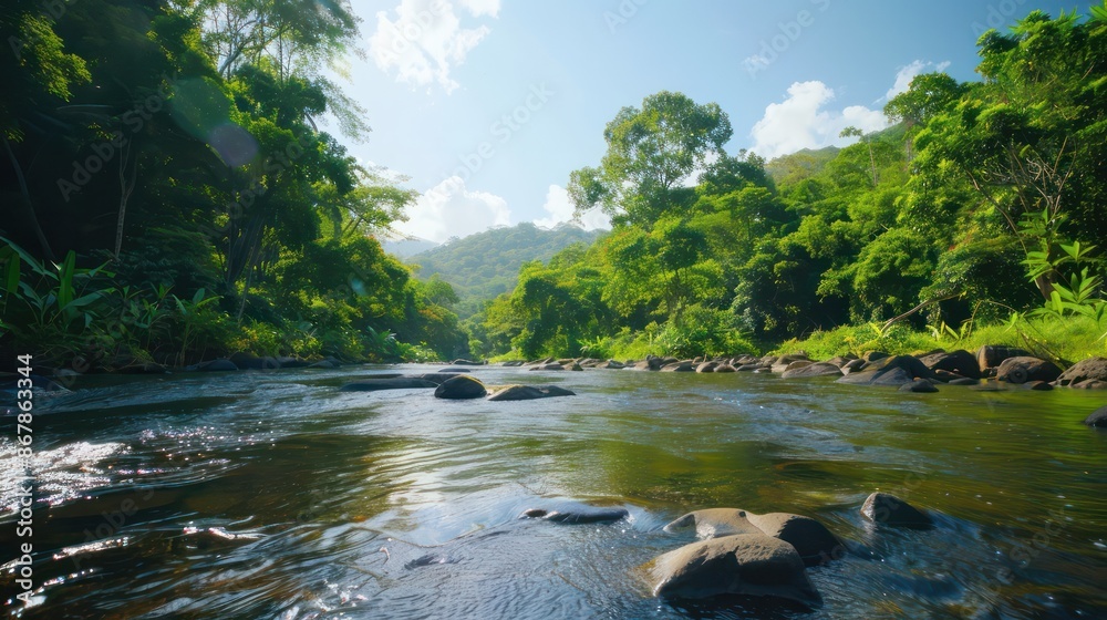 Poster a river with a lush green forest on either side. the water is clear and calm. the sky is blue and th