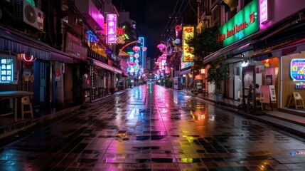 A neon lit street with a lot of neon signs. The street is wet from the rain