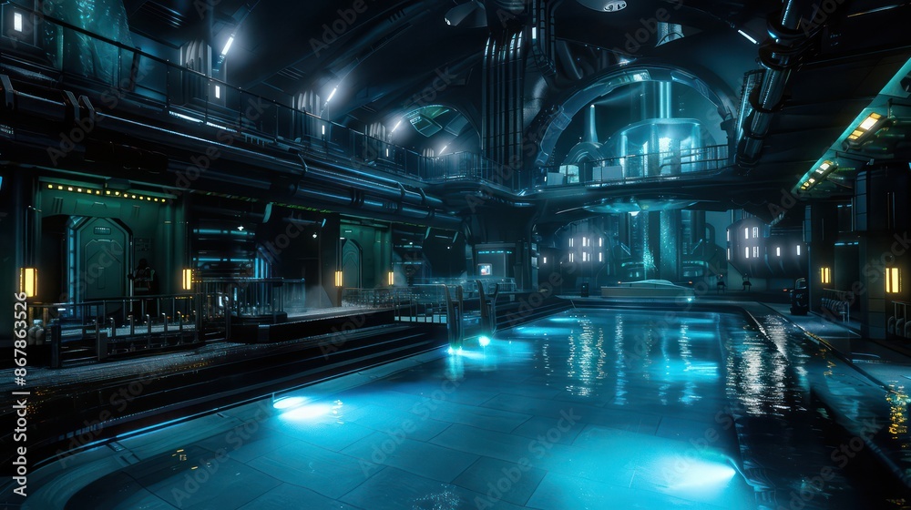 Poster a futuristic swimming pool with a neon blue color. the pool is surrounded by a dark room with a lot 