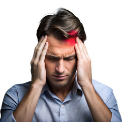 Fototapeta premium Man holding head in pain illustrating headache or stress on transparent background