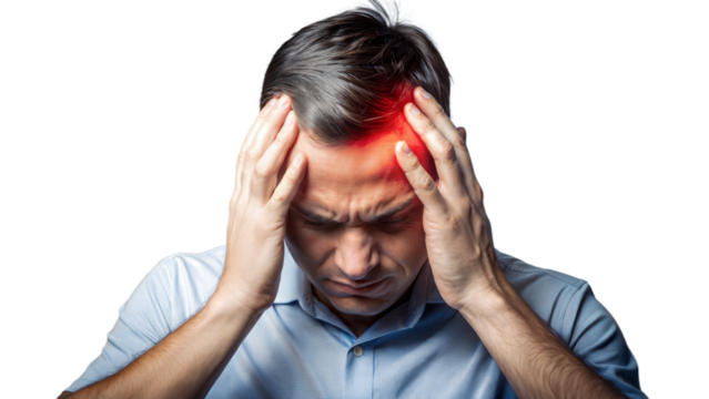 Person holding head in pain with red highlighted area on transparent background