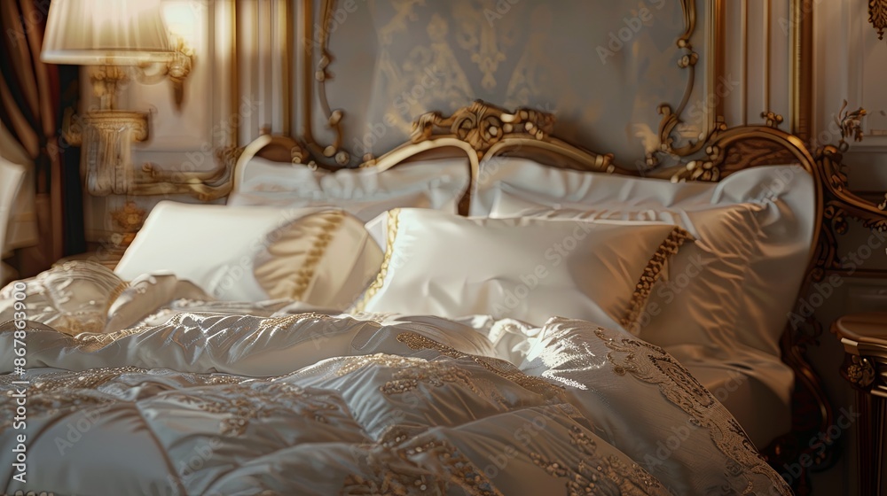 Poster a close-up view of a lavish bed with pristine white linens, accented by gold trim and a decorative h