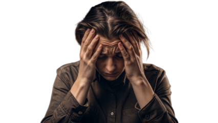Person holding their head in pain on a transparent background suggesting stress or headache