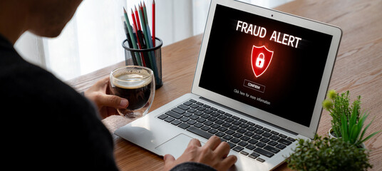 Cyber security software show alert of cyber attack for protection snugly. Danger from virus, phishing and cyber fraud.