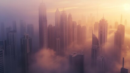 Fototapeta premium Skyscrapers shrouded in fog during sunrise in a modern cityscape.