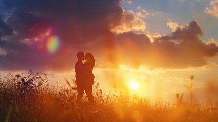 Fototapeta premium Silhouette of a couple kissing in a field at sunset.