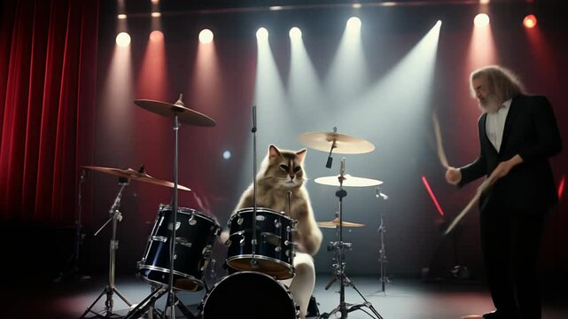 cat plays a drum set on a stage with bright lighting, next to a conductor with a stick in his hand