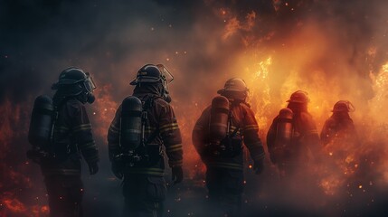 Firefighters in full gear amidst blazing flames and smoke.
