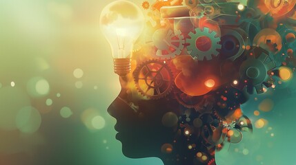 Silhouette of a head with gears and a light bulb, symbolizing creativity and innovation.