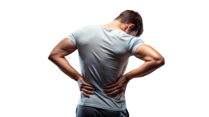 Man suffering from back pain, standing and holding his lower back, isolated on transparent background