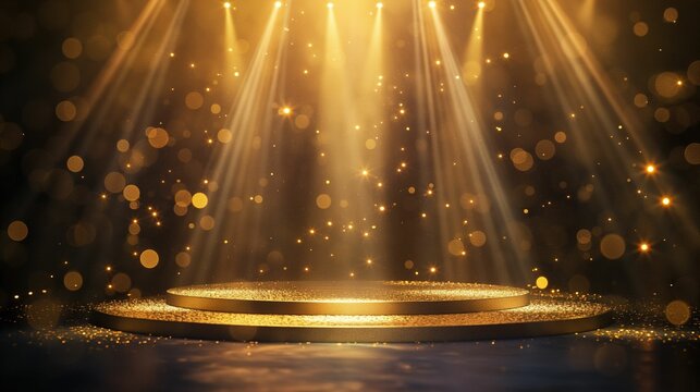 Empty stage with spotlights and bokeh lights.