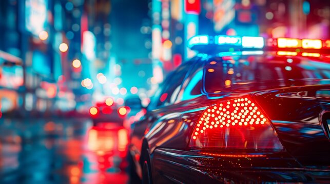 Close-up of police car with flashing lights at night.