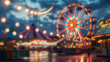 Ferris wheel and string lights at a carnival at night with blurred background.